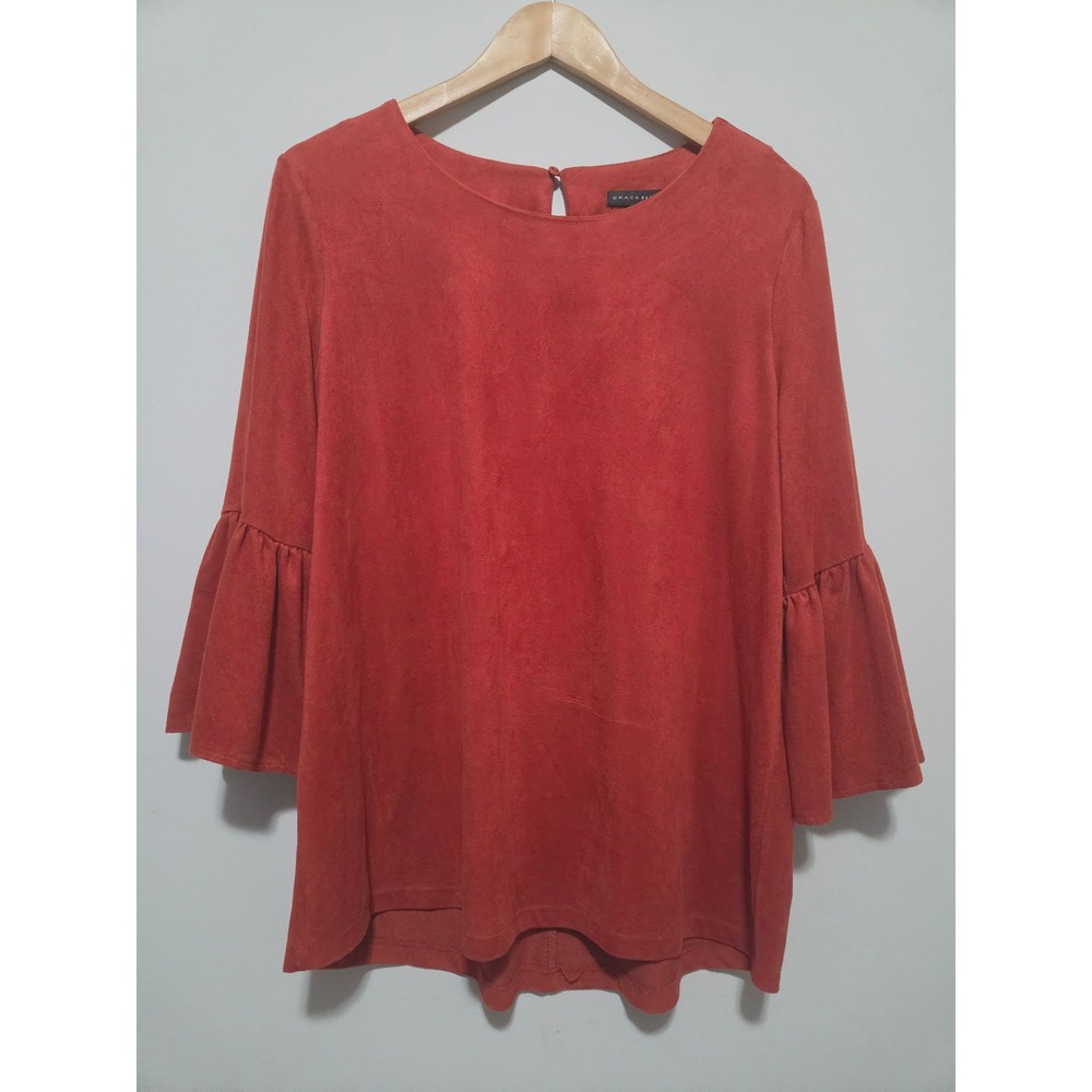 Grace Elements Rust Faux Suede Bell Sleeve Blouse Burnt Orange Top Large